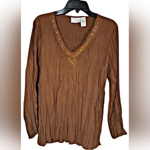 Womens Golden Gemmed Striped Crinkle Sheer Blouse/Top
